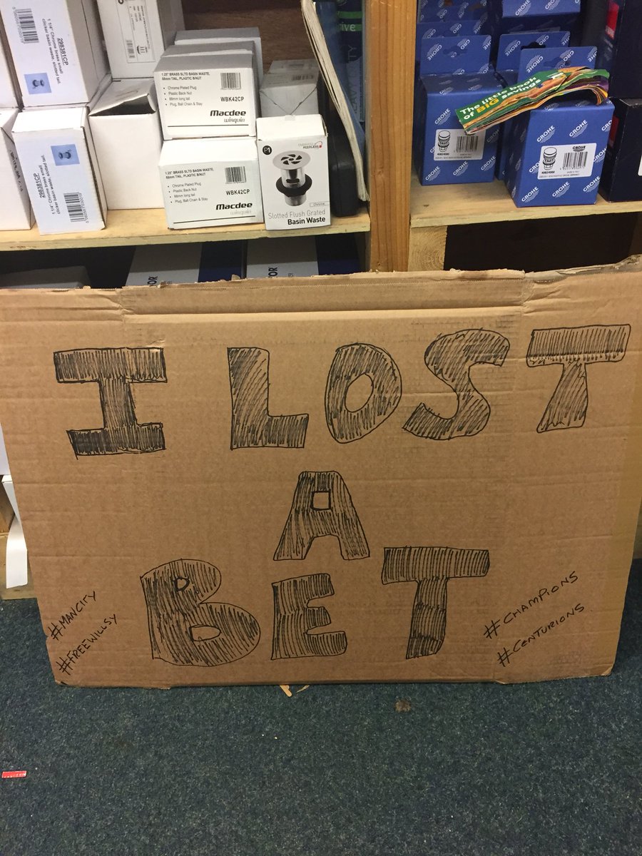Watch this space!! We have a very unhappy Man Utd supporter who’s coming to spend an hour outside our store dressed in full Mancity kit, give him a beep if you see him #Lostbet #Manutd #Mancity #Champions #Rossendale