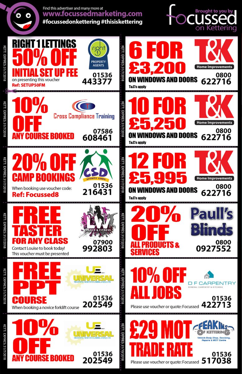 Focussedmag's tweet photo. Money saving vouchers exclusive to Focussed Publications. #focussedonkettering https://t.co/sWI8G8v7v0
