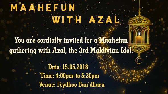 AishathAzal's tweet photo. Greetings on the occasion of Ramadan.🌙
Join for a Maahefun with Azal in Addu City today!!! 🌟😍🌟
Venue: Feydhoo Ban'dharu 4
Date: 15.05.2018
Time: 4:00 - 5:30 PM
#MaldivianIdol #TeamAzal #Azalvantha https://t.co/3xczzfu65C