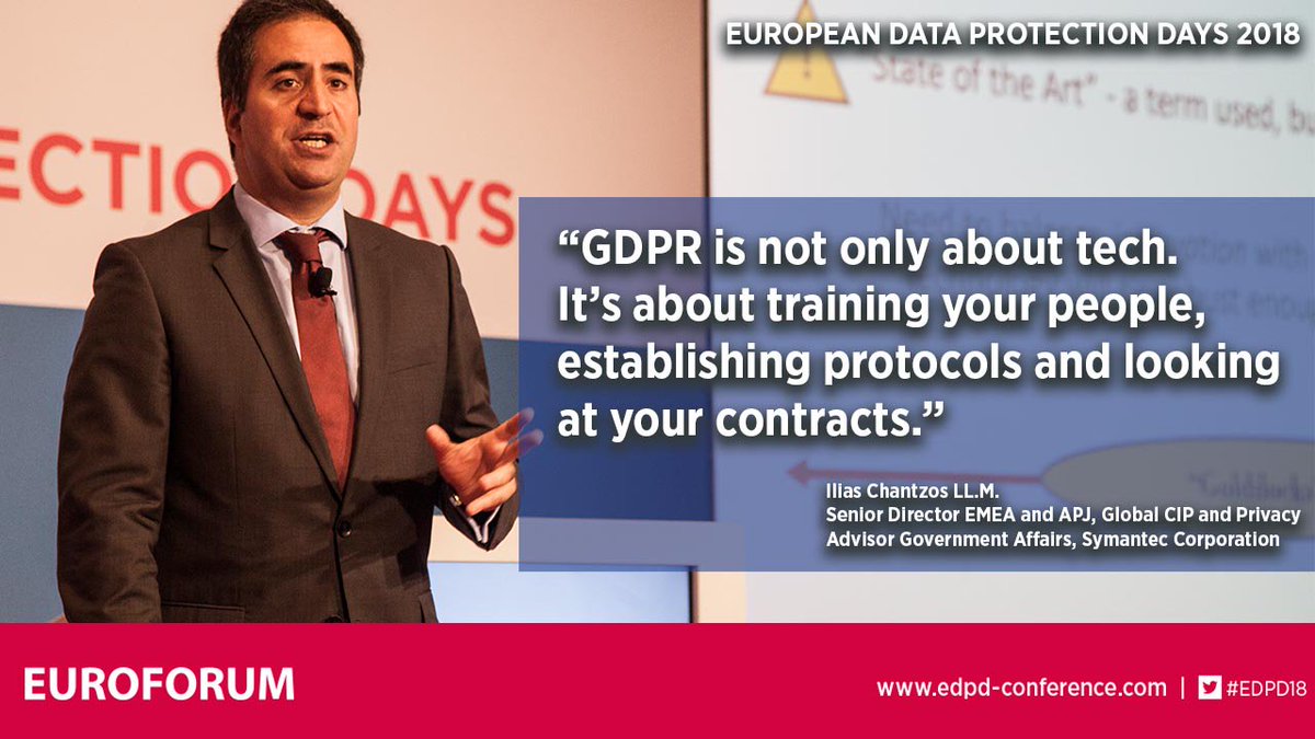 legal_live's tweet photo. "#GDPR is not only about #Tech. It's about training your people, establishing protocols and looking at your contracts." @symantec's @IChantzos at #edpd18 https://t.co/vtZ5CrH9zx https://t.co/HqVvU7khaV