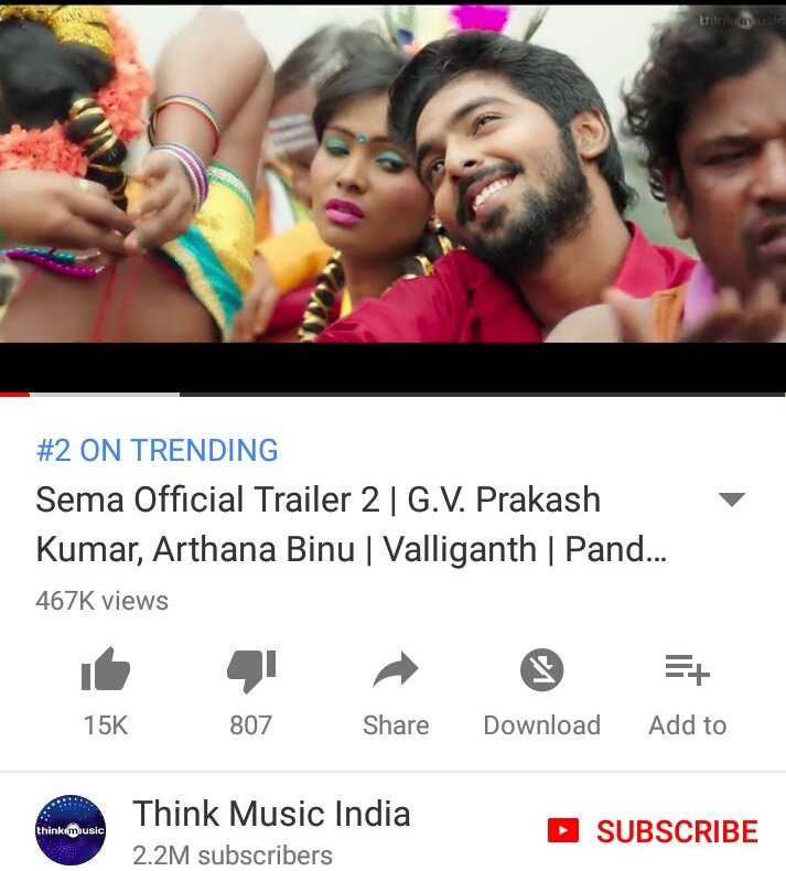 sekartweets's tweet photo. . @gvprakash 's #SemaTrailer2 Trending  #2 @YouTubeIndia, nearing 500k views. 

@gvprakash @valliganthan @iYogiBabu @jana_nathan @rvjravi @lingabhairav @ArthanaBinu @pandiraj_dir https://t.co/fGu56SkRbn