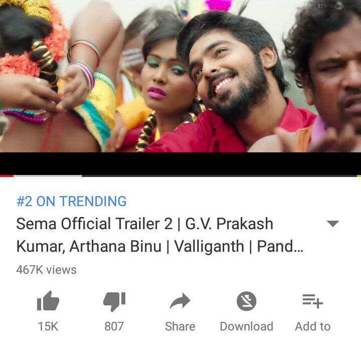 CineTimee's tweet photo. #Sema ! Trailer Trending 2⃣nd Place In YouTube !
#SEMATrailer2 ! @gvprakash ! @ArthanaBinu !
#CineTimee ! https://t.co/eBNribmKXV