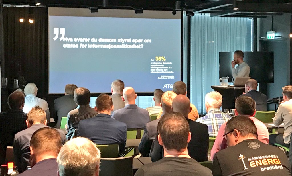 TTmmernes's tweet photo. Hva svarer du dersom styret spør om status for informasjonssikkerhet? Spør Rådgiver @AmundsenT Under foredraget om Ansvar og Risiko på #Sikkerhetsdagen #SHD18 @AteaNorge Tromsø https://t.co/aGSgeyiaBX
