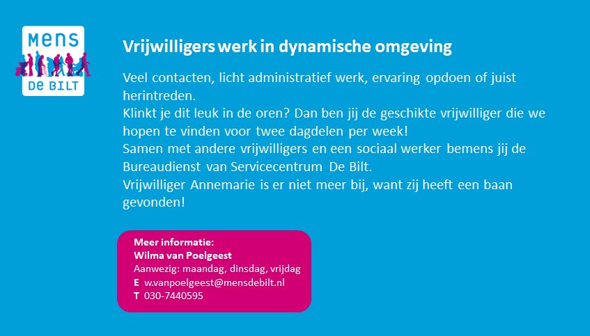 MENSdichtbij's tweet photo. Vrijwilliger bureaudienst MENS De Bilt gezocht. https://t.co/GtyAPqWm0Q