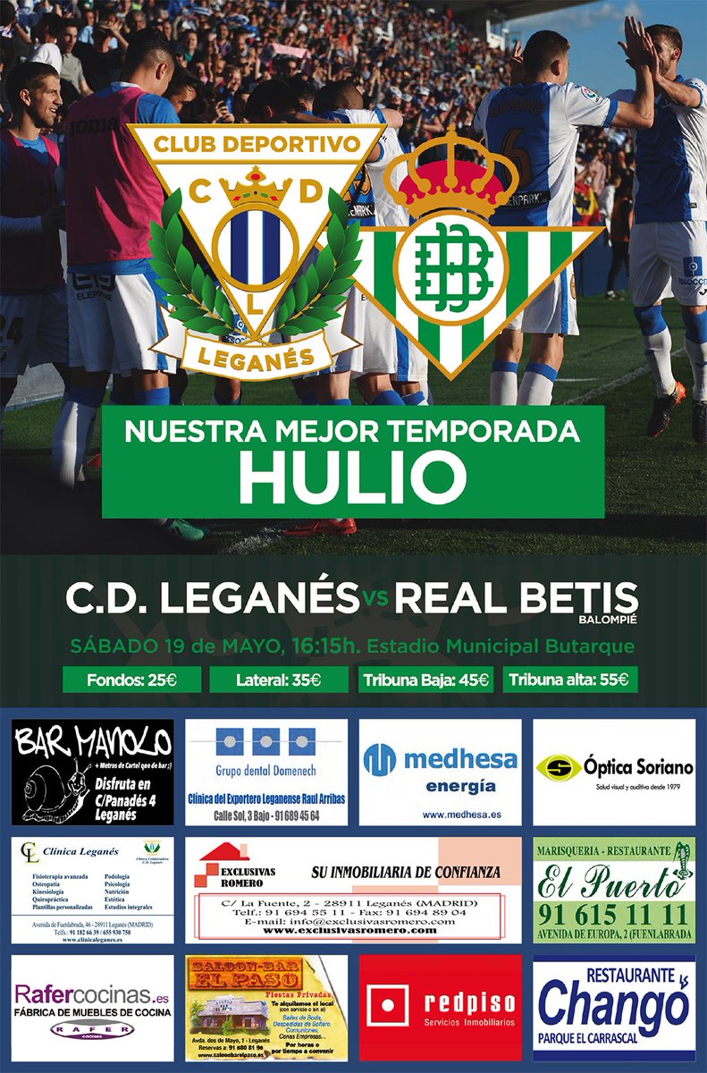CDLeganes's tweet photo. CARTEL URBANO I El sábado jugamos el último partido de la mejor temporada de nuestra historia...¡HULIO! #LeganésRealBetis 🤪 https://t.co/47iVWUKCAg