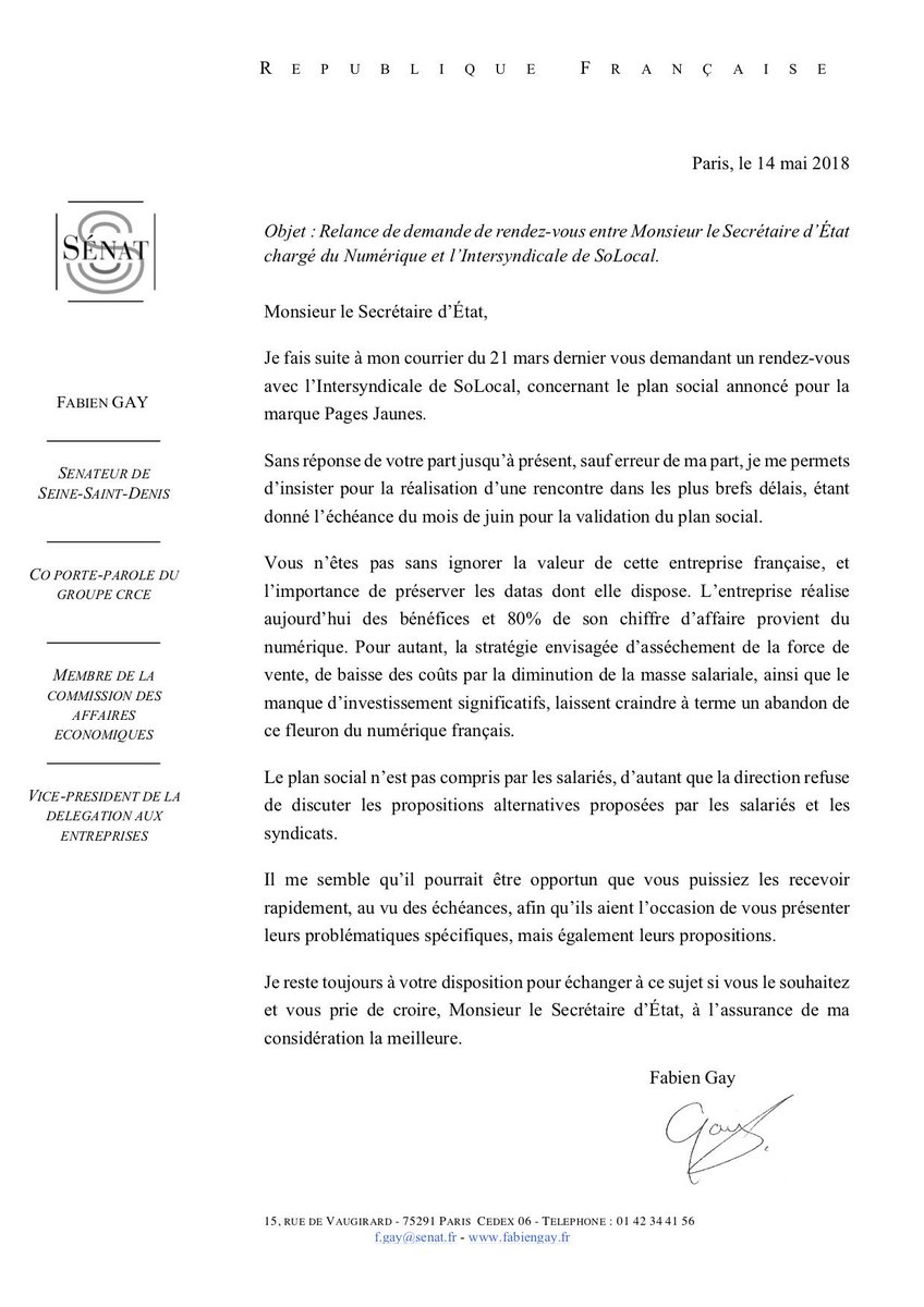 fabien_gay's tweet photo. Courrier de relance à @mounir pour recevoir @SalariesSoLocal dont les emplois sont menacés. @PagesJaunes @SoLocalGroup https://t.co/2IyZOsICyH