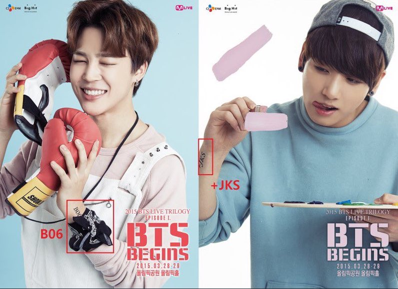 Do you remember my previous theories?If you look closely at the Begins Tour posters, there’s an English code written on each members’ arms.Jimin - B0612 JMSJungkook B0612 JKSTaehyung B0612 VSHoseok B0612 JHSNamjoon B0612 RMSYoongi B0612 SGS