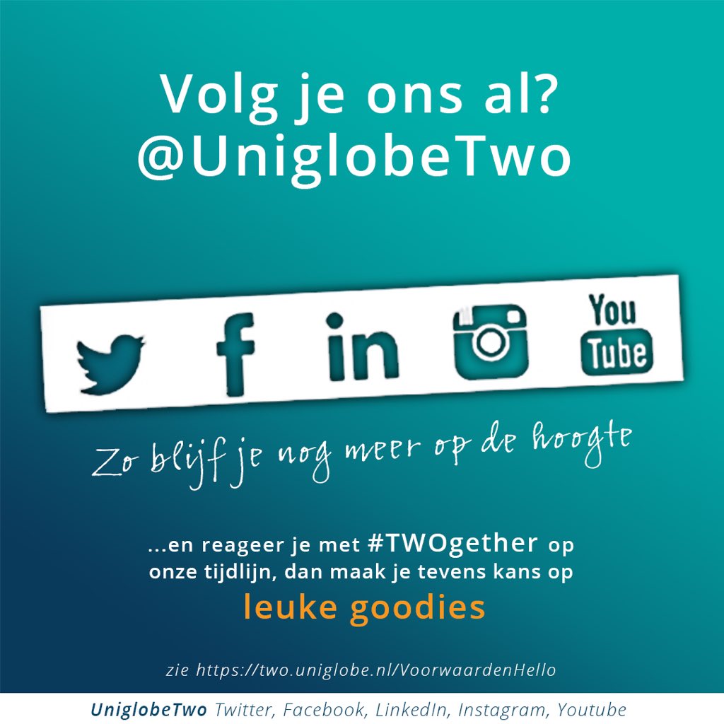 uniglobetwo's tweet photo. Volg je ons al? Laat even een berichtje met #TWOgether achter, dan maak je ook nog eens kans op leuke goodies.
 https://t.co/IeBdyuwZmt https://t.co/IcL9kYnbmk