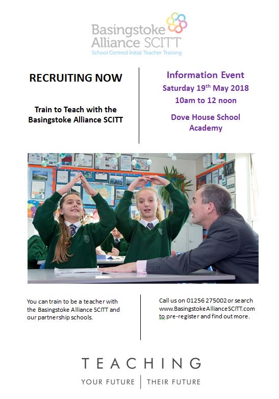 If you would like to find out more about training to teach, please come along to the Basingstoke Alliance SCITT Information Event at the Dove House School Academy in Basingstoke from 10am to 12pm on Saturday 19th May.