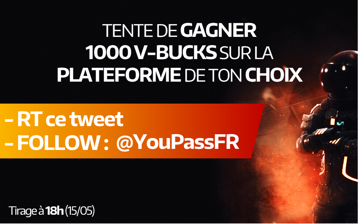YouPassFR's tweet photo. ConcoursFlash ⚡
1000 V-BUCKS à gagner sur la plateforme de ton choix !

- RT ce tweet
- Follow @YouPassFR 
- Faire un TOP 1 à la pioche 🤣

Tirage à 18h 👀 https://t.co/ymygbipULy