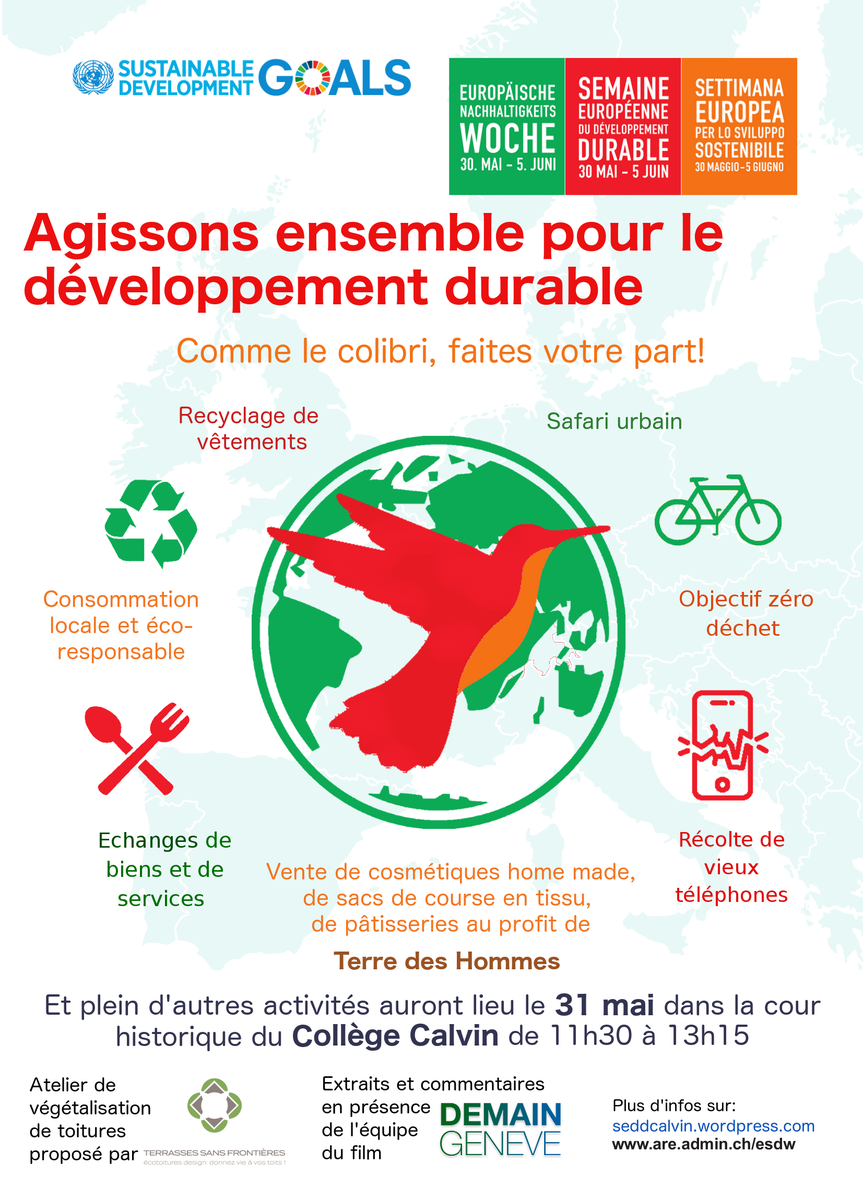 Demain_Geneve's tweet photo. AGISSONS ENSEMBLE POUR LE DEVELOPPEMENT DURABLE !
Dans le cadre de la Semaine européenne du développement durable, des élèves du Collège Calvin organisent diverses activités en lien avec la transition, le 31 mai entre 11h30 et 13h15. Venez nombreux! https://t.co/YR78Gq5tnZ