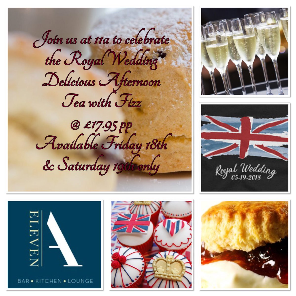 With the 'Royal Wedding' fever hotting up, come and have a 'Royal' time with us at 11a and enjoy our special offer of Afternoon Tea, with FIZZ!
Available Friday 18th and Saturday 19th only.....At just £17.95 pp what's not ROYAL about that?  🥂🥂
#RoyalWedding2018 #MeghanAndHarry