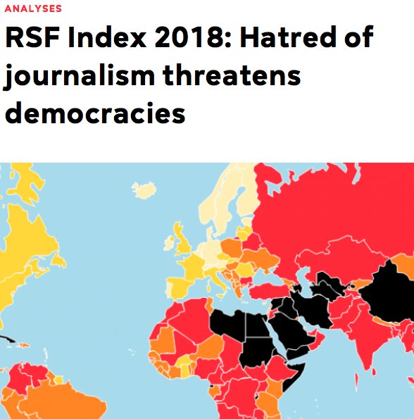 In case you missed: RSF's report on media freedom shows increasing hatred of journalists and threat to #democracy > rsf.org/en/rsf-index-2… <a href="/RSF_inter/">RSF</a>