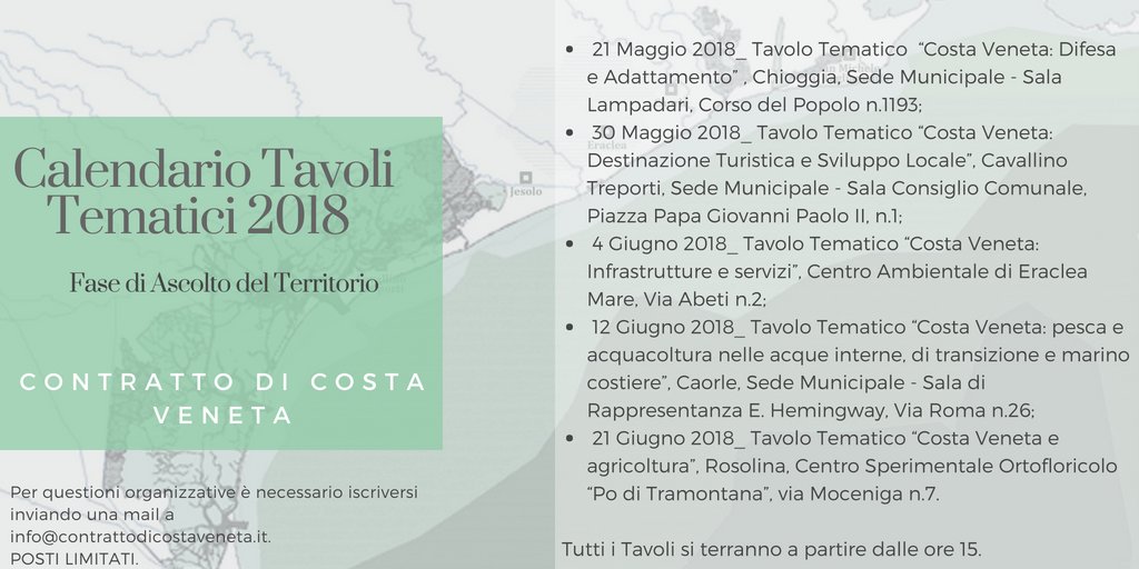 ContrattoCOSTA's tweet photo. 🆕 Comincia l’attività di "Ascolto del Territorio" 🗣👂🏻del @ContrattoCOSTA!
Scopri il Calendario dei Tavoli Tematici, momenti di confronto e discussione fra portatori d’interesse su problematiche e opportunità del territorio! 
Iscrizioni a ℹ️info@contrattodicostaveneta.it. https://t.co/4RP6qurgDR