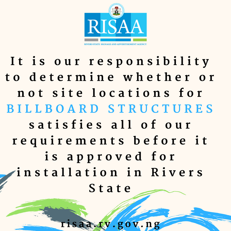 risaagov's tweet photo. DO NOT BE DECIEVED

RISAA remain the only Agency empowered by law to register, collect and issue permits to owners/operators of billboard and other form of outdoor signage in Rivers State. 

#AskRISAA https://t.co/jOlv4Uazxy