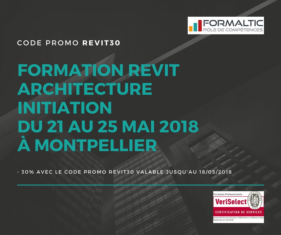 Formaltic's tweet photo. 📢 Bénéficier de 30% de réduction avec le code promo REVIT30 sur la formation Revit Architecture initiation du 21 au 25 Mai 2018 à Montpellier. Plus que 3 jours ! Plus d'information : 📲 04 42 50 60 28 -  https://t.co/5E4HSHF15g #Revit #Revit2018 #formation #formationrevit https://t.co/EVG4G9OlRY