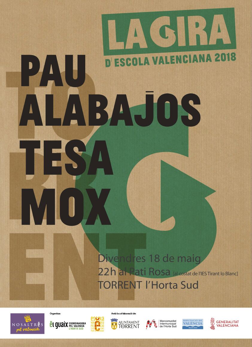 PauAlabajos's tweet photo. Concerts imminents: 18 de maig actuarem a #Torrent amb @TesaAltesa i Mox en la vespra de la trobada d'escoles en valencià; 19 de maig compartirem escenari amb la cantautora aranesa @AlideSans en  #Xàtiva dins de la programació del @FestivalMiL; i 26 de maig, farem concert a #Onda https://t.co/IwU24G3D1W