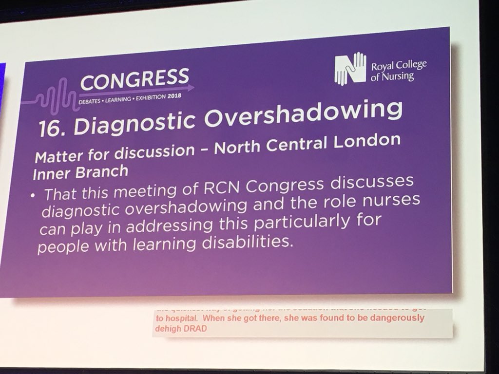 Such an important discussion on #DiagnosticOvershadowing. See the person, not the diagnosis! So important, especially in those with learning disabilities. Diagnostic overshadowing kills. We must be teaching nursing students of all fields about LD needs #RCN18 @RCNStudents