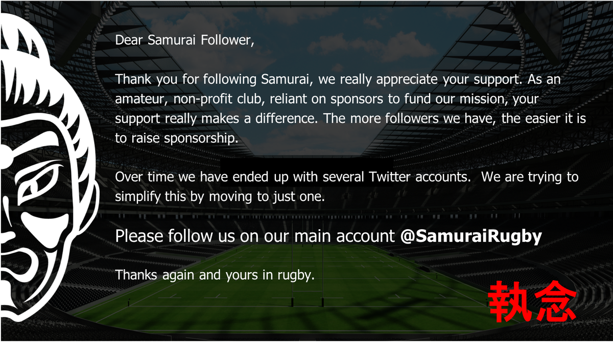 Samurai 7s (@samurai7s) on Twitter photo Dear Followers, please switch over to our main Twitter account @SamuraiRugby  We know some of you already do. We are trying to simplify our Twittersphere! Thanks for your support, it makes our mission possible #SamuraiFamily Dear Followers, please switch over to our main Twitter account @SamuraiRugby  We know some of you already do. We are trying to simplify our Twittersphere! Thanks for your support, it makes our mission possible #SamuraiFamily