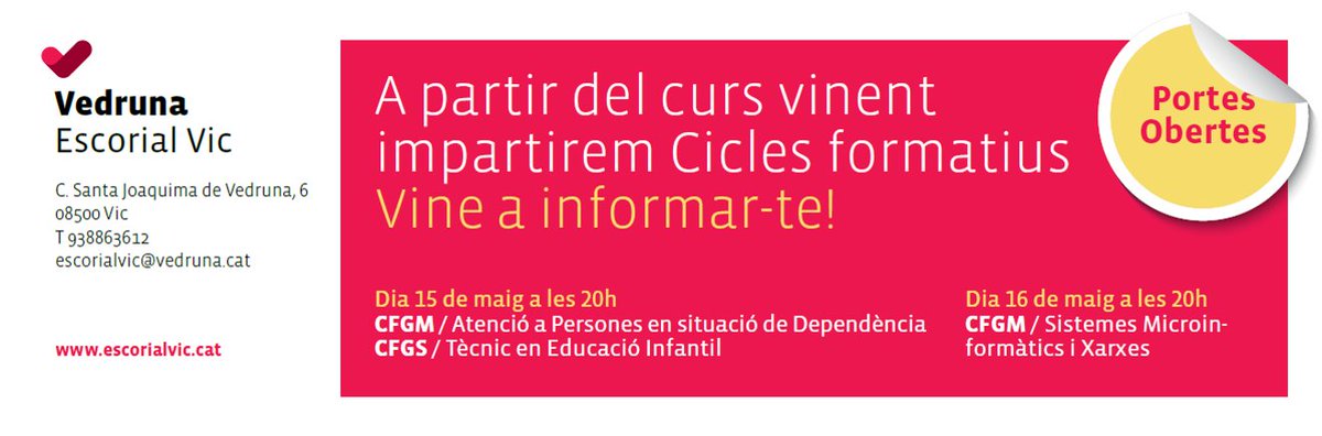 escorialvic's tweet photo. RECORDATORI! Si estàs interessat en fer un Cicle Formatiu, t'esperem avui a les portes obertes a les 20h del CFGM Atenció a Persones en situació de Dependència i del CFGS en Educació Infantil. https://t.co/Ionyu7mV5s