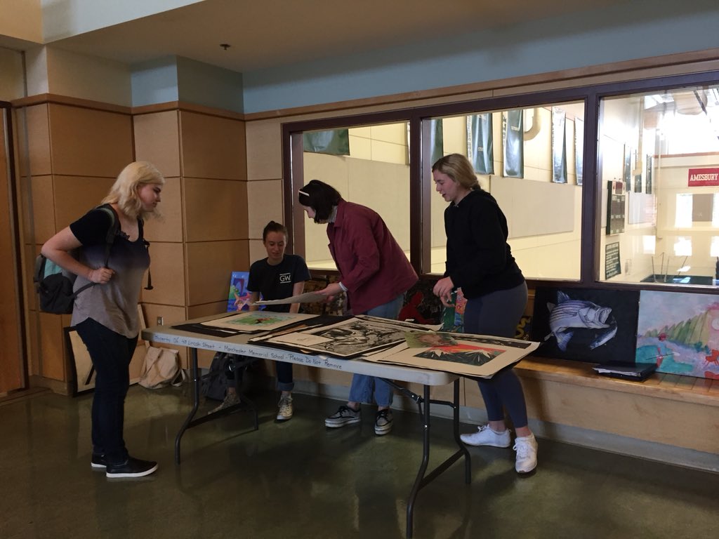 MERHSart's tweet photo. MERHS Senior Art students with our first EVER Pop Up Art Gallery! Open today outside the Cafeteria from 11:30-1:00 pm! Support our young artists. #artsthrivehere #artsinlearning https://t.co/HUppANljqZ