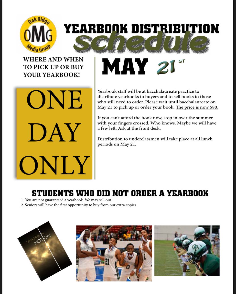 ORHS_Yearbook's tweet photo. Seniors, here is the new info on yearbooks. Our new date for distribution is Monday, May 21 at baccalaureate practice. We will have books for sell then, too. Sorry for the delay. https://t.co/qe7dzu1O32