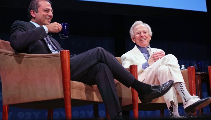 PreetBharara's tweet photo. RIP Tom Wolfe. One of my favorite times was discussing Bonfire of the Vanities with him at @92Y with @thanerosenbaum. Wolfe always had better socks https://t.co/y1kOTCkCvo