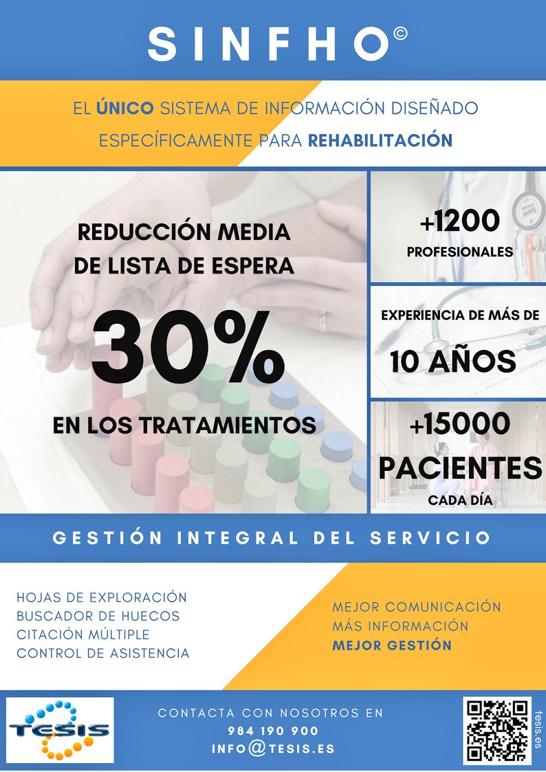 Recuerda que el jueves 17 en la mesa “Liderar con Corazón” (Sala 2) a las 15.30h, <a href="/TESISMedical/">TESIS Medical Solutions</a> presentará la Plataforma #SINFHO para gestión de Servicios de Rehabilitacion #56congresoSERMEF