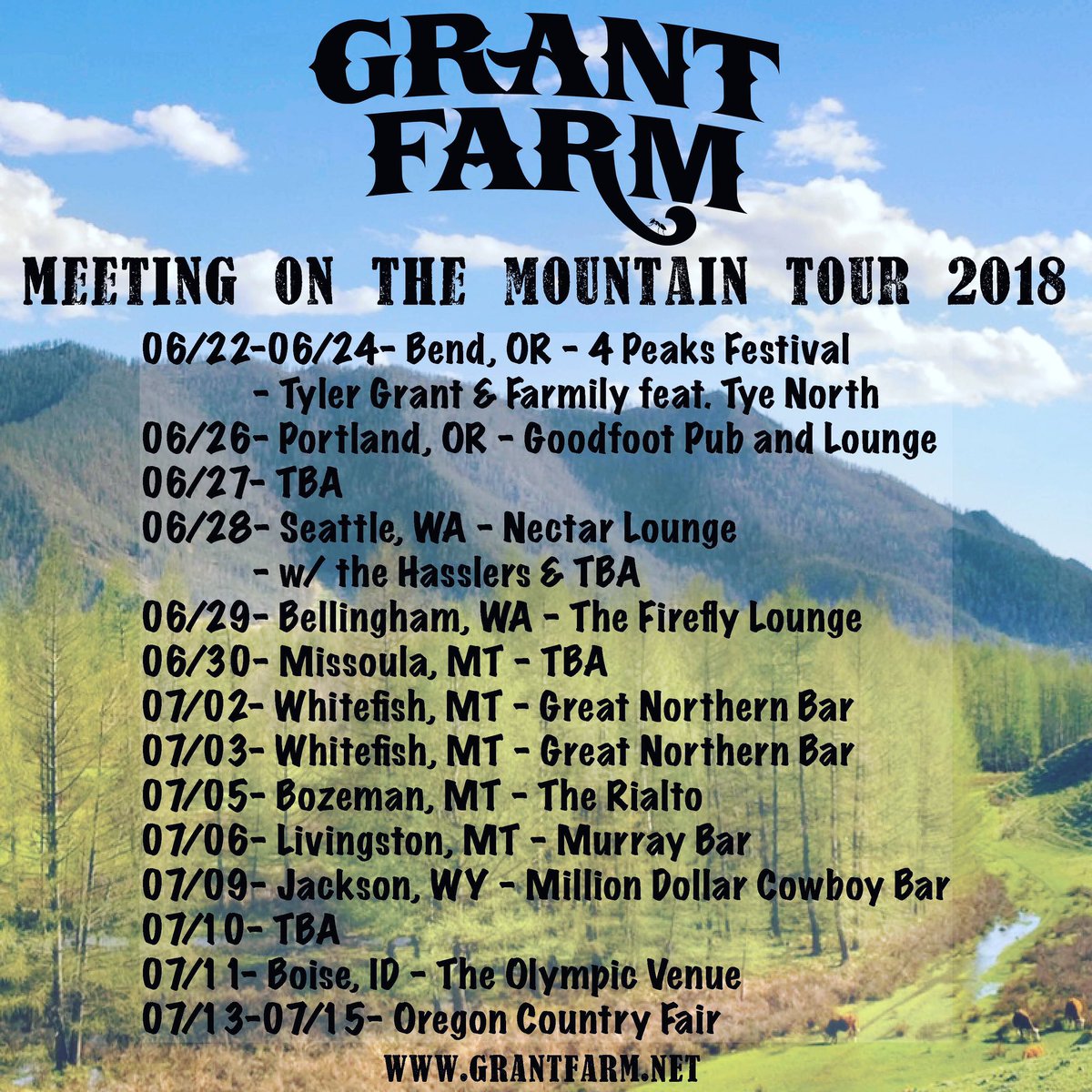 GrantFarm's tweet photo. MeetingOnTheMountain Tour!
6/22-24 @4peaks
6/26 @goodfootlounge
6/28 @NectarLounge w/ @thehasslers
6/29 @TheFireflyBham
6/30 Zoo TBA
7/2-3 @RockinGNBar
7/5 @rialtobozeman
7/6 @TheMurrayBar
7/9 @cowboybarjh
7/11 @OlympicBoise
7/13-14 @Oregoncountryfa
#MOTMLive #Farmily https://t.co/zXHmMz339r