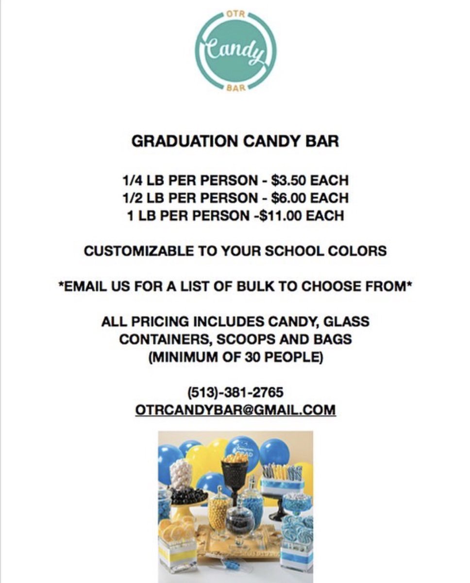 otrcandybar's tweet photo. Don’t forget to book your grad party candy buffet! https://t.co/XzXJDNrG1r