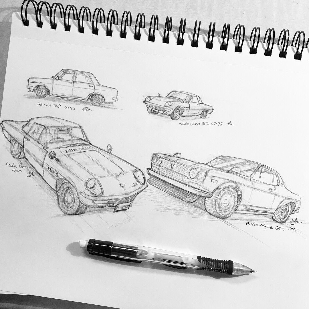 srj_art's tweet photo. Haven’t kept up with my #actiontrashvehicles. Screw it. I’m still making time to study and sketch cars, &amp; THAT was the whole point. Now I’m just trying to cram a page or three full of car sketches before the month is out, &amp; I’m getting more into perspective.
#drawing #drawingcars https://t.co/x94792YeDU