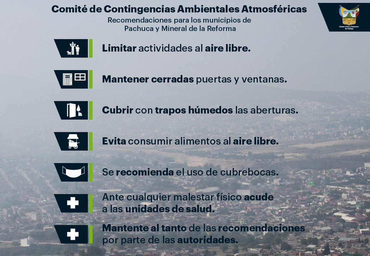 medioambiente_H's tweet photo. #TómaloEnCuenta Estas son las recomendaciones del Comité de Contingencias Ambientales Atmosféricas, ante el siniestro que se registra en la Zona Metropolitana de Pachuca. Acude a tu unidad de salud más cercana ante cualquier malestar físico. https://t.co/ZvPXYl3sIb