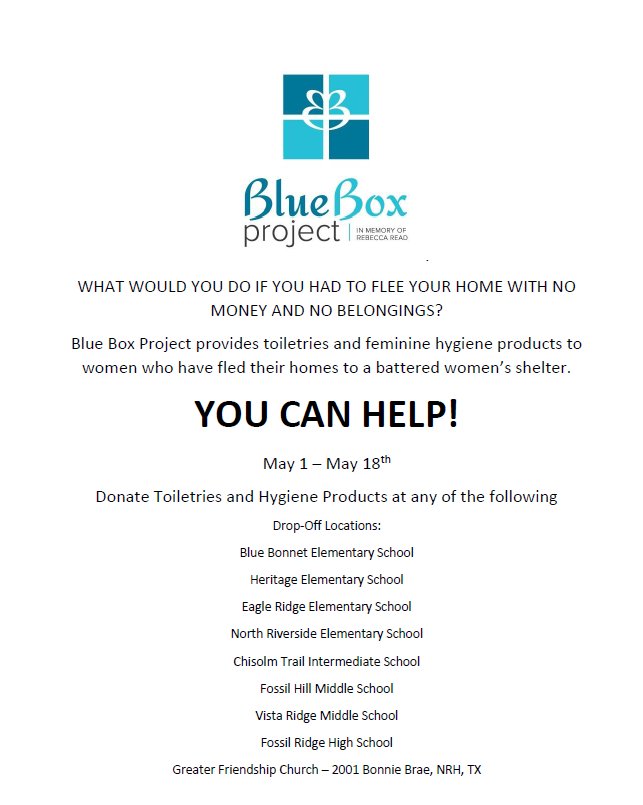 FossilRidgeKISD's tweet photo. Only a few more days to get your Blue Box donations in! Help support women who have fled their home to battered women's shelters. #BlueBoxProject https://t.co/GLtOdaaQ1z