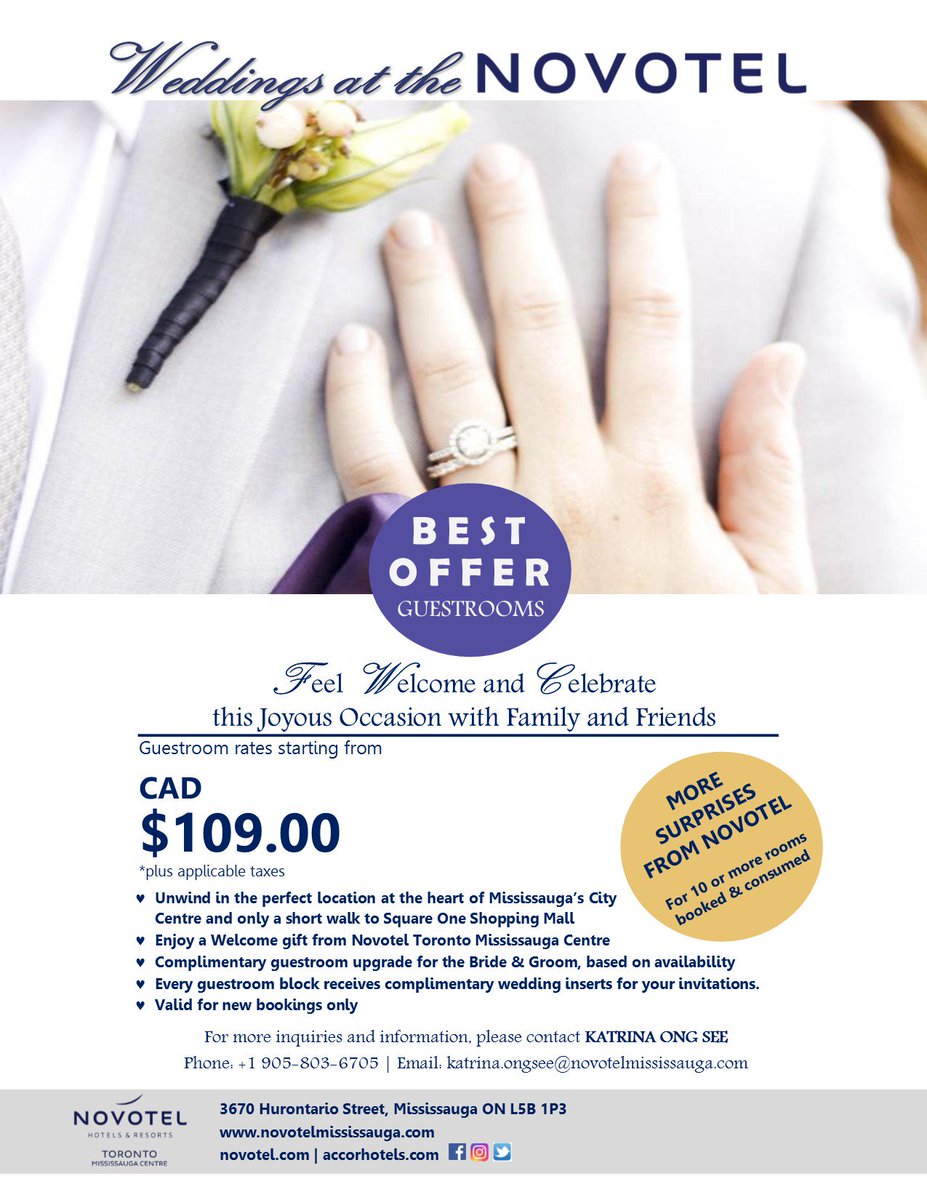 The Royal Wedding may be around the corner but Novotel Weddings are for all seasons! Feel welcome with our best offer for guest room blocks starting at $109.00 (plus applicable taxes) For more inquiries and information, please contact Katrina Ong See at (905) 803-6705