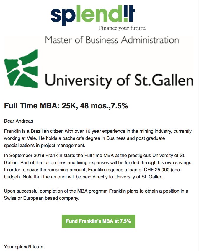 splendit_'s tweet photo. New Auction: Full Time MBA at Uni St. Gallen https://t.co/MTPw8eZzt4 - Place your bids please #p2p #FinanceYourFuture #ImpactInvesting #Diversification https://t.co/kvbQLHwoCr