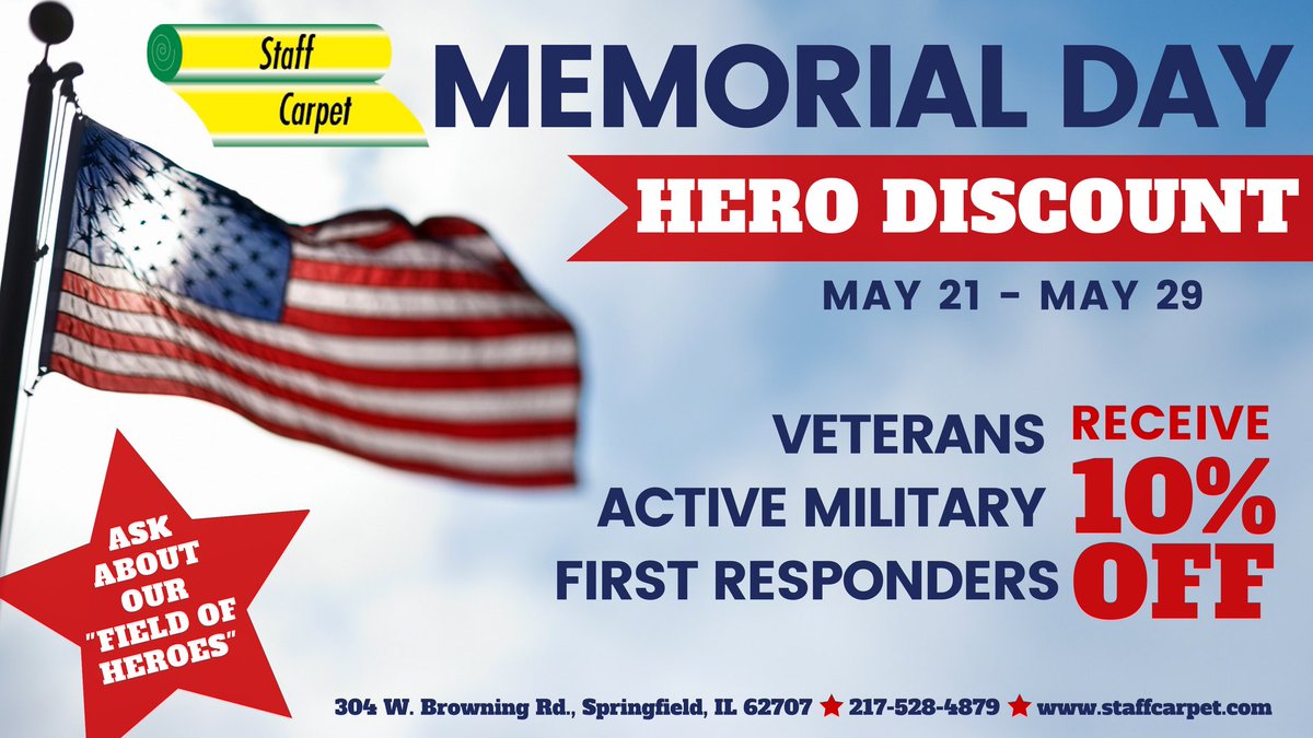 Staff_Carpet's tweet photo. We want to show our appreciation for the heroes in our community by offering them a 10% discount on all purchases made May 21st through May 29th. Visit the store, share your story with us, and know that we value your bravery, commitment and service! 🇺🇸🇺🇸#StaffCarpet #heroes https://t.co/qVwompWufh