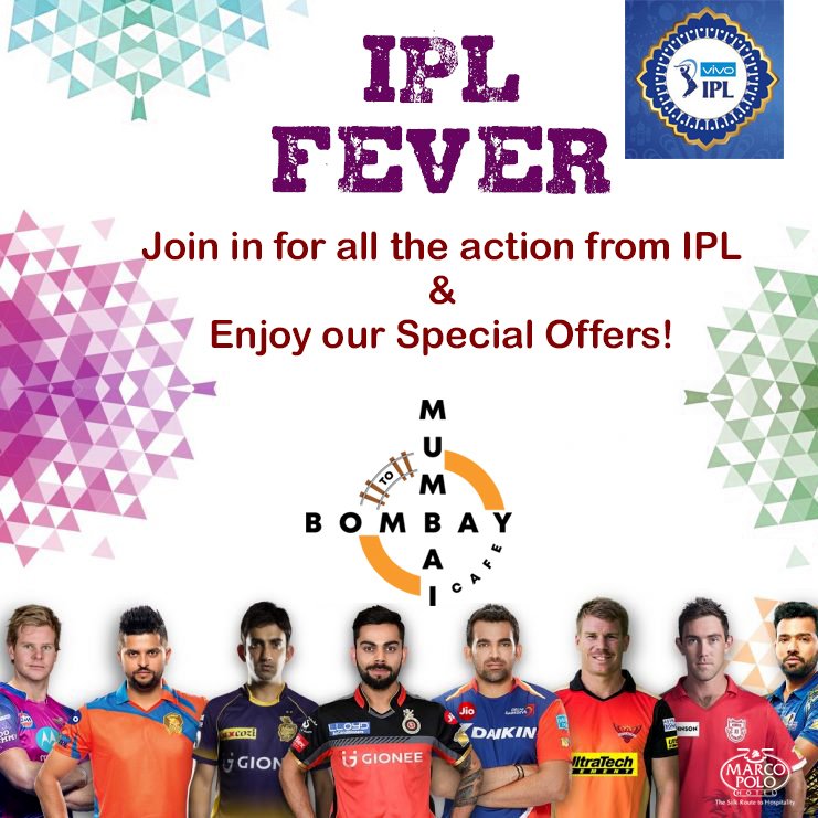 MarcopoloHotel_'s tweet photo. Catch all the live action for IPL2018 at the Bombay to Mumbai Cafe, Marco Polos newest hip n happenin hangout! #IPL2018 https://t.co/8bco6xxwxN