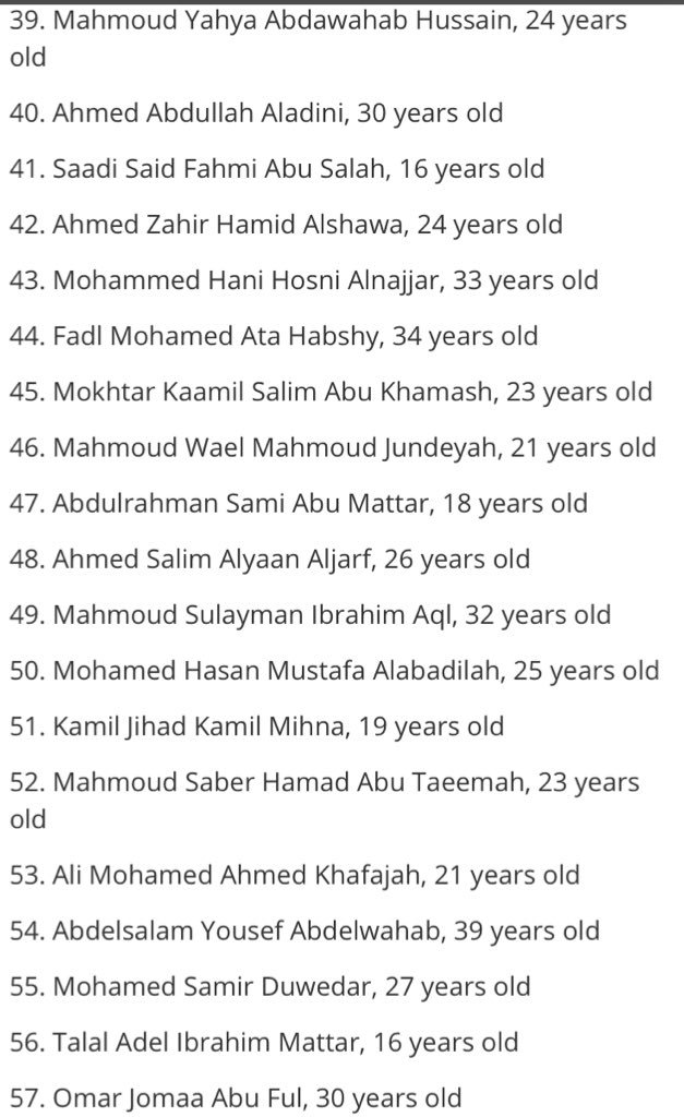 MaliaBouattia's tweet photo. We must resist the dehumanisation and normalisation of Palestinian murder. These are the names of those killed by Israeli forces yesterday, over 100 have been killed since protests started &amp; thousands wounded.  #saytheirname  #GreatRetunMarch #freePalastine https://t.co/fo0KJPIZum