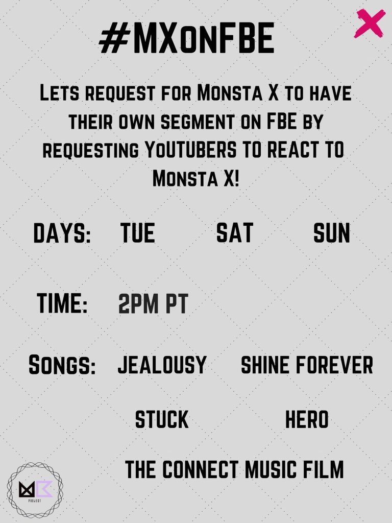 ForeverMonbebes's tweet photo. {#MXMBProject} Join #MXonFBE every Tuesday, Saturday and Sunday at 2PM PT (6AM KST)
Lets request together monbebes! #WeAreMXMB #Protocol_Monbebe @OfficialMonstaX https://t.co/CqjPNjhFep