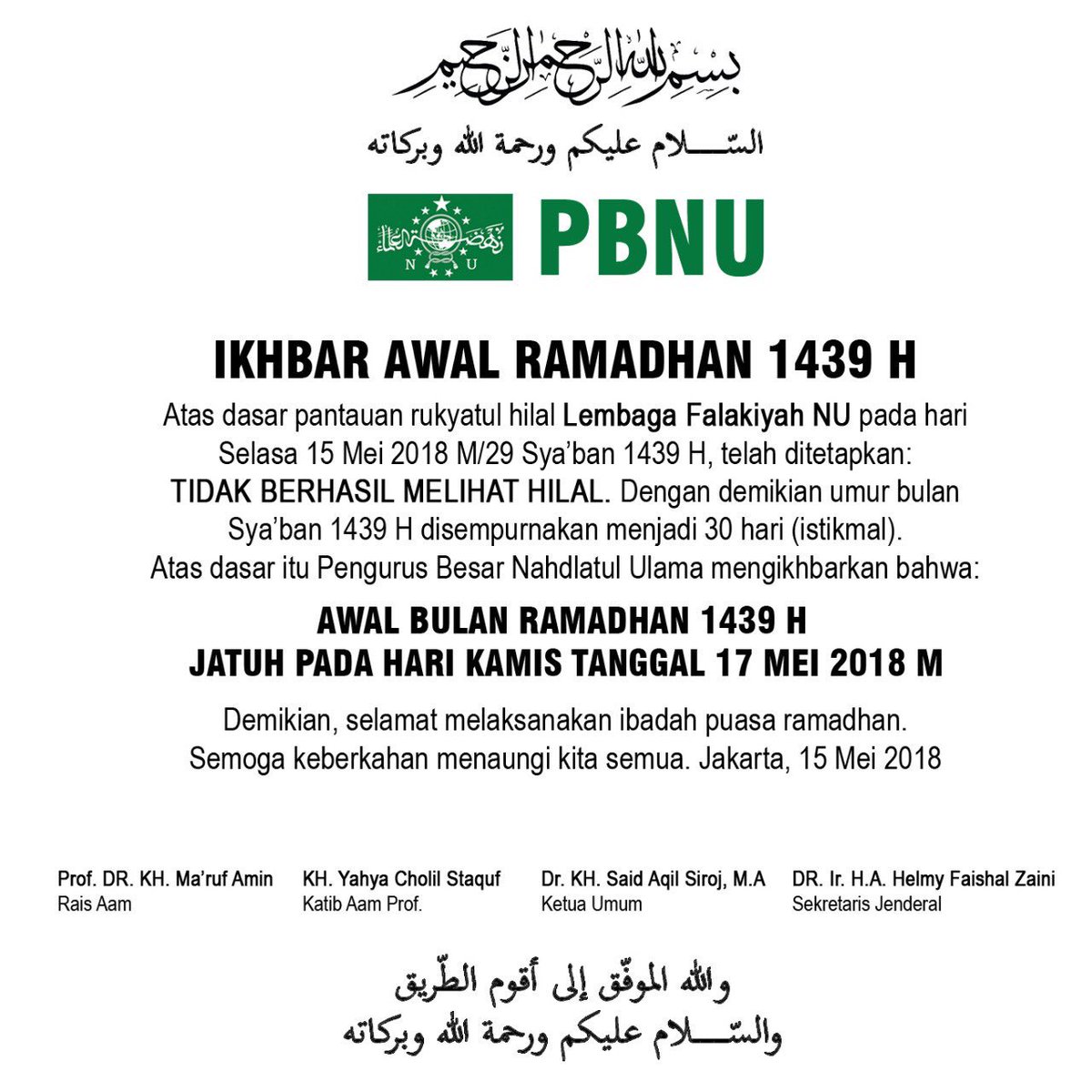Helmy_Faishal_Z's tweet image. Berdasarkan Rukyayul Hilal Lembaga Falakiyah NU:
 AWAL BULAN RAMADAN 1439 H
JATUH PADA HARI KAMIS TANGGAL 17 MEI 2018 M