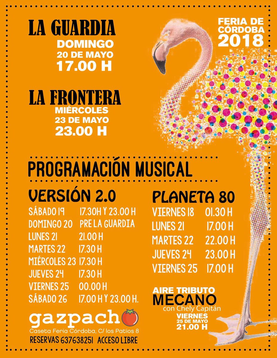 Hangarcordoba's tweet photo. Ya has desempolvado la peina y los volantes niña?
Programacion de conciertos en nuestra Caseta Gazpacho para esta Feria de Cordoba, este viernes al lio! https://t.co/n0ByC5GDae
