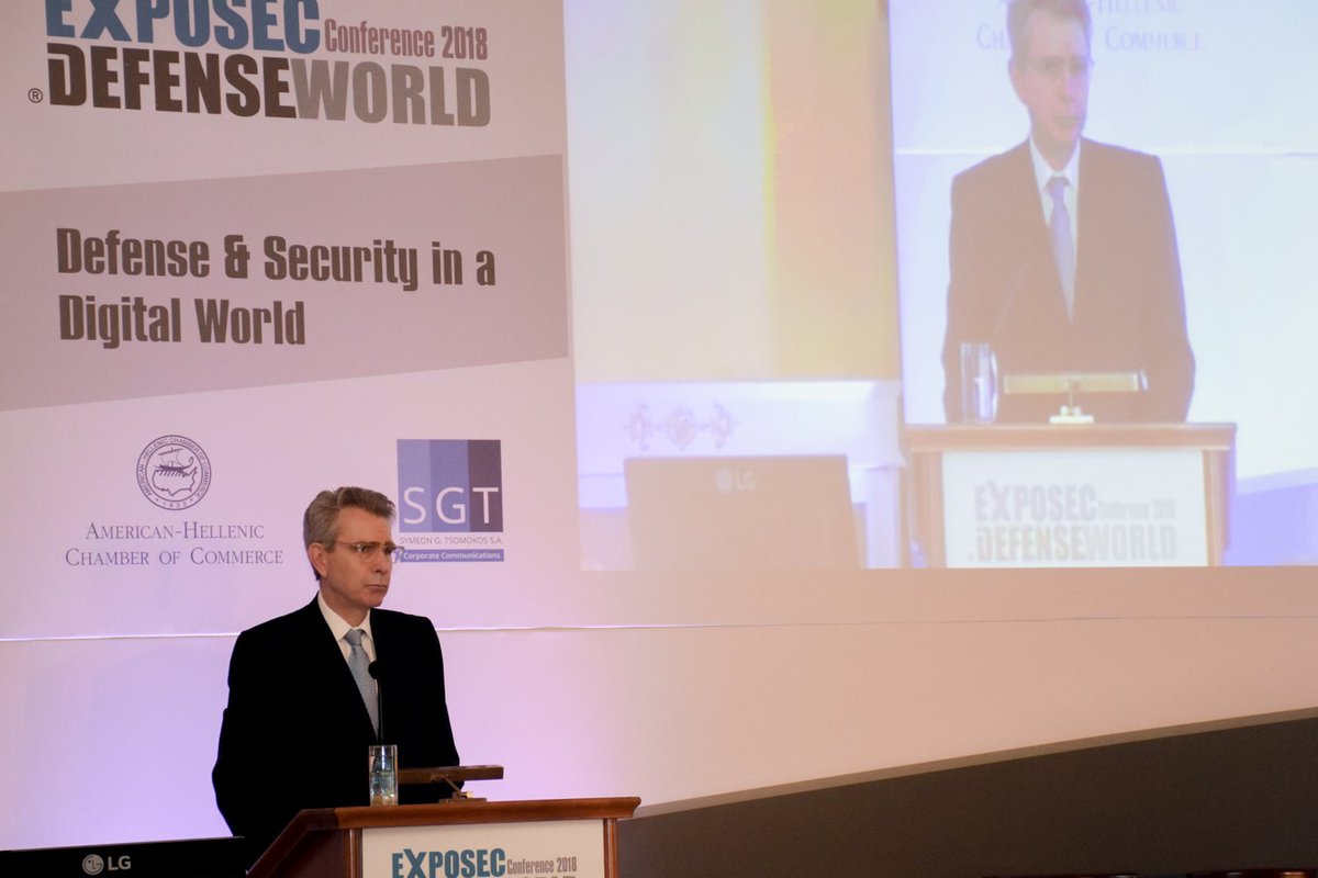 USAmbassadorGR's tweet photo. At #EXPOSEC2018 w/Min. @nikos_toskas and @PanosKammenos: together, we can seek new opportunities to grow defense industry cooperation, leveraging Greece’s deep reservoir of tech/engineering talent & US interest in strong, prosperous Greece. My remarks: https://t.co/DF7ftdEezK https://t.co/6vuMqbZ4n8