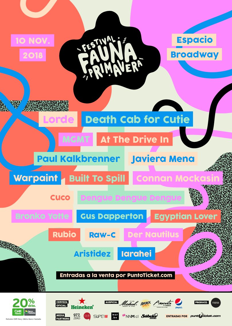 FaunaPrimavera's tweet photo. ¡Este es el lineup de #FaunaPrimavera 2018!
¡Desde el mediodía comienza la venta general!
Desde anoche hay venta exclusiva de entradas para asistentes a las anteriores ediciones en @puntoticket hasta las 11:59hrs https://t.co/zs7fQ2ho7m https://t.co/0QV2IRFoSc