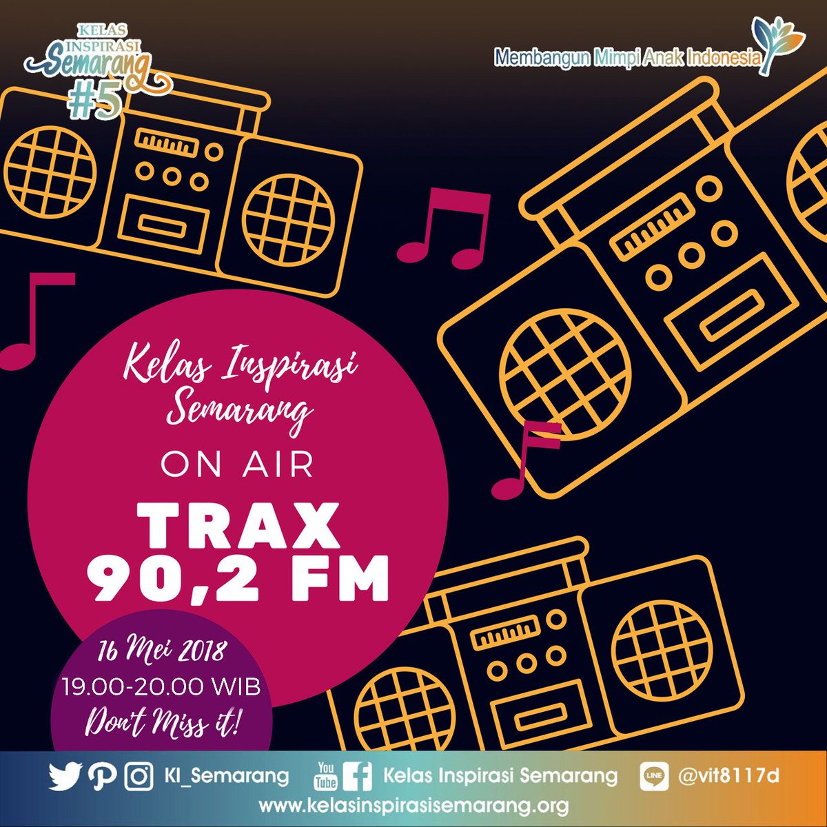 [KIS#5 ON AIR AT TRAX FM]
Apa sii Kelas Inspirasi Semarang itu? Kegiatannya ngapain aja? Gimana caranya gabung? Seru ngga ya? 
Buat temen2 yg penasaran dengan Kelas Inspirasi Semarang, cuss Stay tune on TRAX FM 90.2 Rabu, 16 Mei 2018 pukul 19.00-20.00 guyss! 
#kismg2018