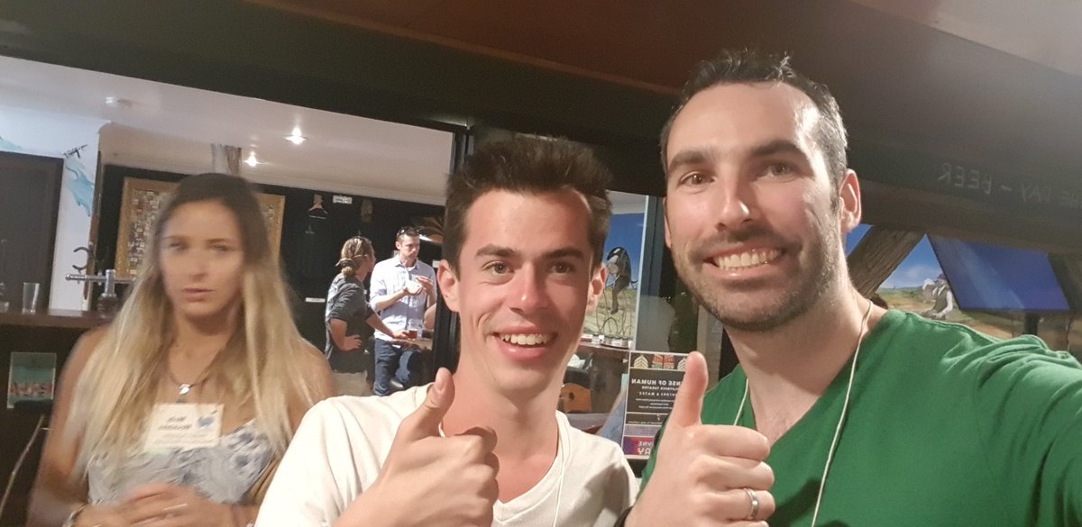 pete_cowman's tweet photo. @AdamDownUnder from the @physiologyfish &amp; #Cowmanlab will be giving his #ACRS2018 talk tomorrow on how #reeffish become #atheletes @AustCoralReefs #WelcomeDrinks #unimpressedPhotoBomber https://t.co/52vneZKWD6