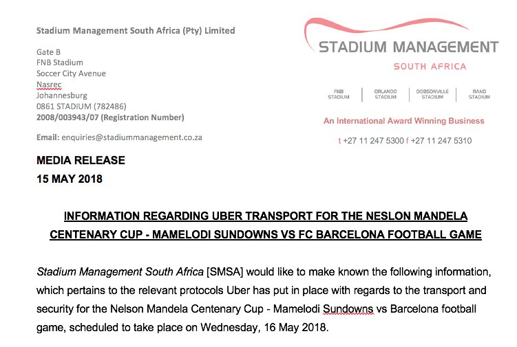 OfficialSMSA's tweet photo. MEDIA RELEASE: Information regarding @Uber transport for the #NelsonMandelaCentenaryCup - Mamelodi Sundowns V FC Barcelona 

📜https://t.co/Ewhm4xbJf8 https://t.co/lrL2zCT6Uv
