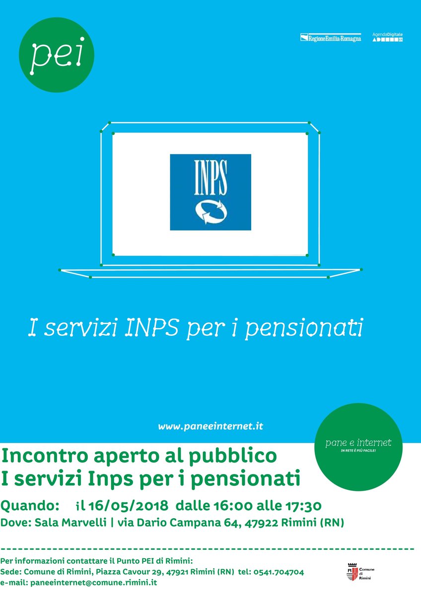 #PaneEInternet #cittadinidigitali 
“ I servizi online dell’INPS per i pensionati”, seminario informativo aperto alla cittadinanza. Mercoledì 16 maggio ore 16 - sala Marvelli, via Dario Campana 64 #Rimini. <a href="/pane_e_internet/">Pane e Internet</a>  <a href="/INPS_it/">INPS</a>    
bit.ly/2Ilm6w9