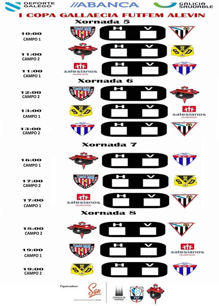 Vuelve la Copa Gallaecia Futfem a Santiago!!
El jueves 17 volvemos a organizar este torneo, esta vez en las categorías alevín e infantil y en el Estadio de San Lázaro.
Os esperamos a todos a partir de las 10 da mañana.