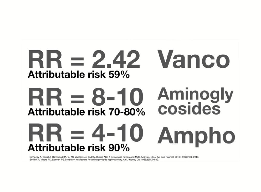ABsteward's tweet photo. A nice slide for all #pharmacists from @kidney_boy in #madid18 the risk of AKI of vancomycin compared to aminoglycosides and ampho. B https://t.co/nnn1zzTxio