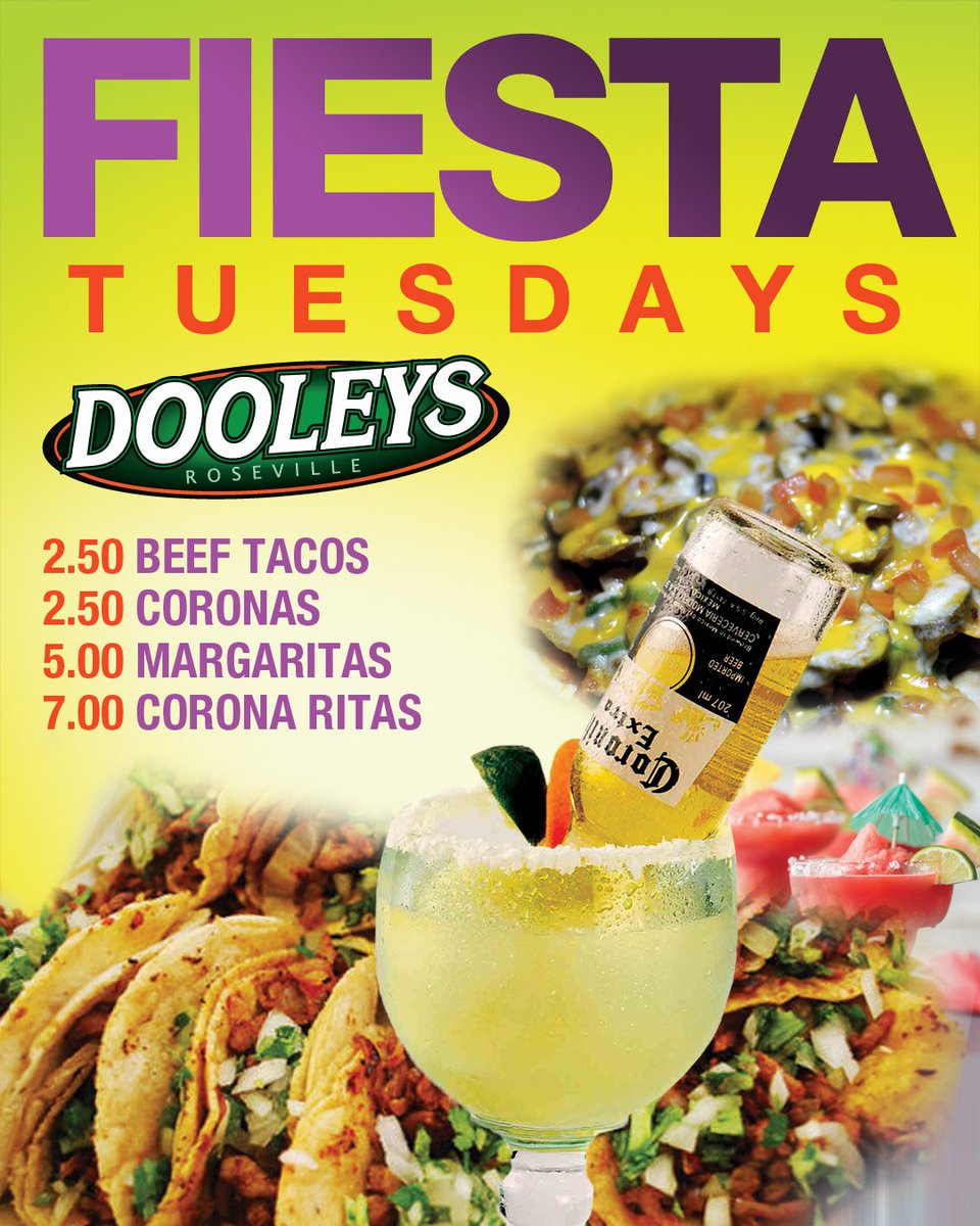 DooleysRosevl's tweet photo. Fiesta Tuesdays! $2/$2.50 Tacos | $2.50 Corona | $2.50 Estrella Jalisco | $5 Avion Margarita | $7.50 Coronarita | Half off Pizza’s #Margarita #Avion #Tequila #Corona #Coronarita #Specials #Beer #EstrellaJalisco #halfoffpizza #DooleysRoseville #TuesdayThoughts #TacoTuesday 🍕🌮 https://t.co/3sVrs4hgPa